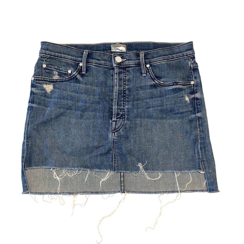 MOTHER Medium Wash Blue Denim Step Hem Jean Mini Skirt 26/27